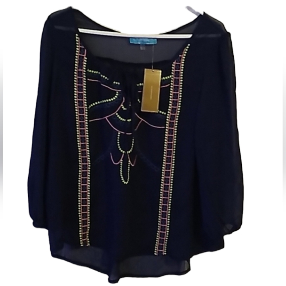 Francesca's Long Sleeve See Through‎ Top Navy Blue Size Medium